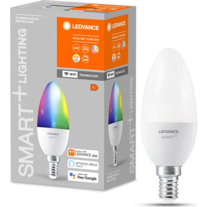 Priser på Ledvance Smart+ Wifi E14 kertepære, farveskift + justerbar hvid, 4,9W, 1 st