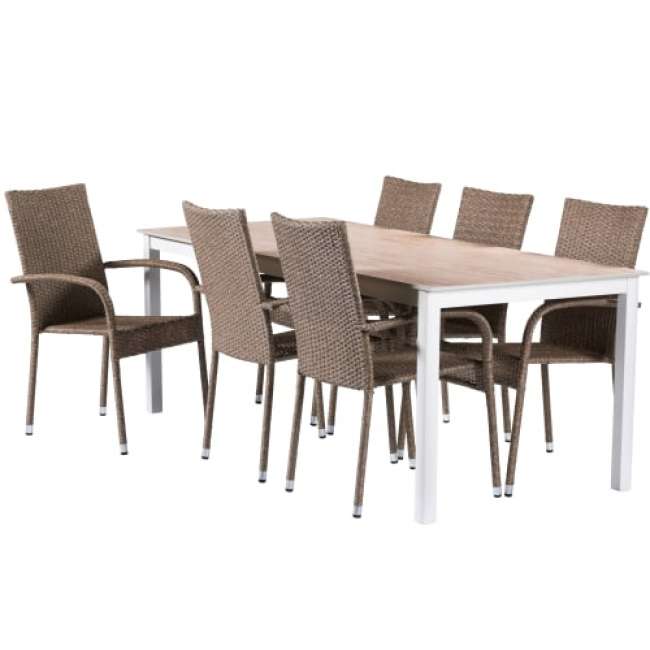 Priser på Elena havemøbelsæt med 6 Emma stole - Travertinlook/hvid