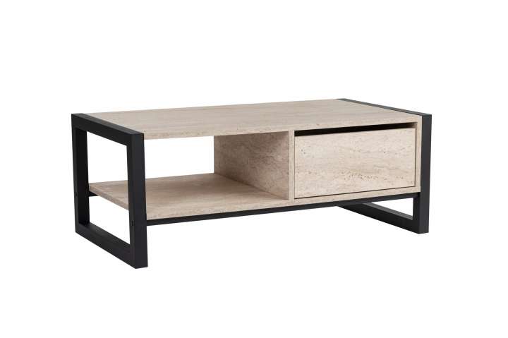 Priser på NORDVÄRK Haldizen sofabord, m. 1 hylde og 1 skuffe - travertin melamin og sort metal (105x55)