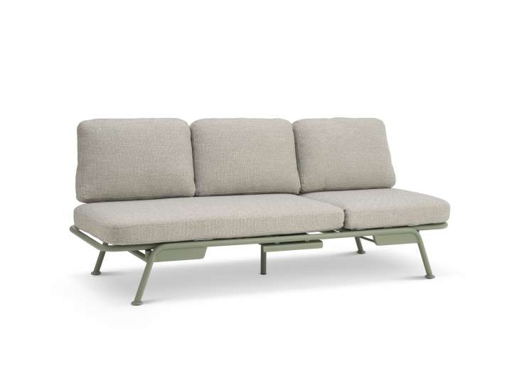 Priser på Santorini sofa, m. puder - sand stof og støvet olivengrøn aluminium