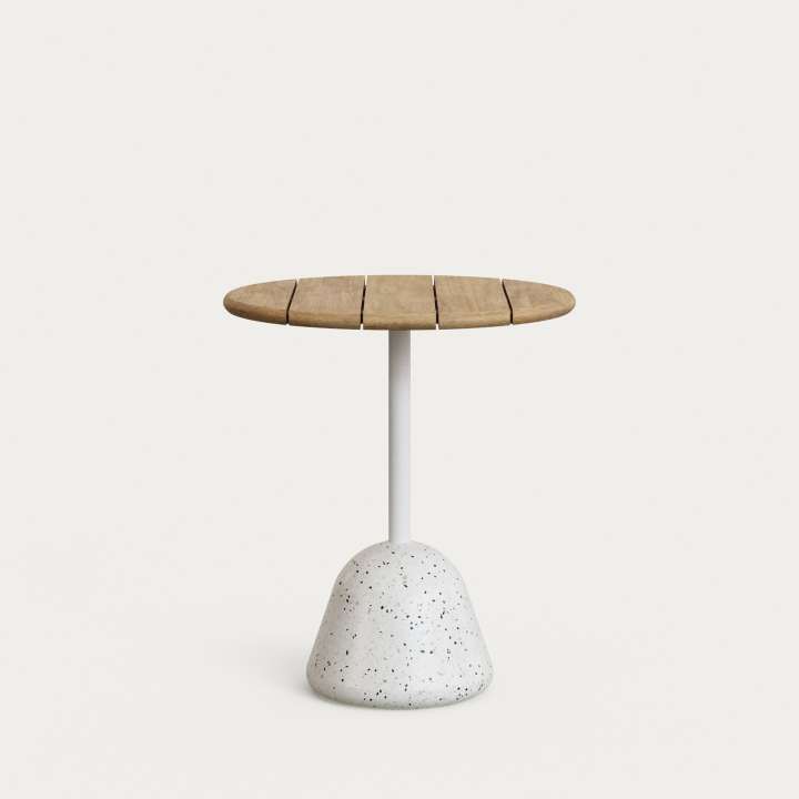 Priser på KAVE HOME Saura bord med naturlig finish akacieplade og hvid terrazzo bund Ø70x75cm