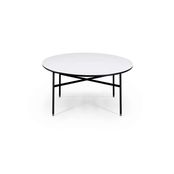 Priser på Skovby SM243 / SM262S sofabord - Ø 99 cm - Bordplade: Hvid laminat med sort kant