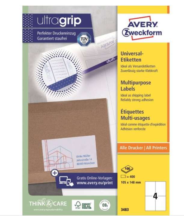 Priser på Avery 3483 universaletiketter 105 x 148 mm 100ark á 4 = 400 stk.