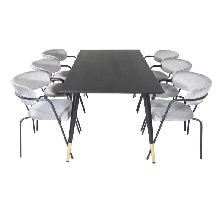 Priser på VENTURE DESIGN Dipp spisebordssæt, m. 6 stole - sort finer/messing sort metal, grå fløjl/sort metal