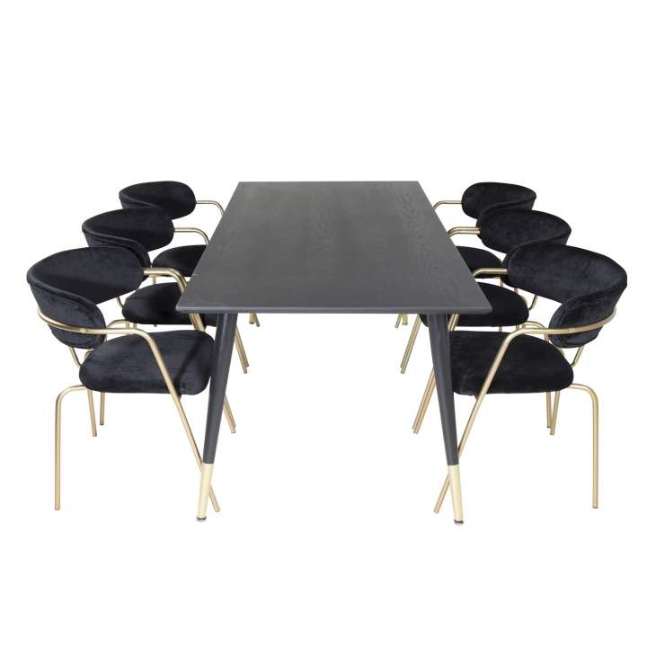 Priser på VENTURE DESIGN Dipp spisebordssæt, m. 6 stole - sort finer/messing sort metal/sort fløjl