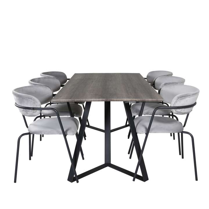 Priser på VENTURE DESIGN Marina spisebordssæt, m. 6 stole - grå finer/sort metal og grå fløjl/sort metal