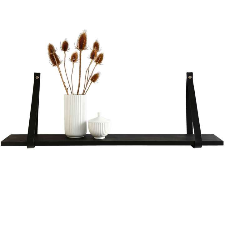 Priser på NocNoi Harre Vig væghylde - sort olieret egetræ m. sort læderstrop, 50-100 75x20 cm