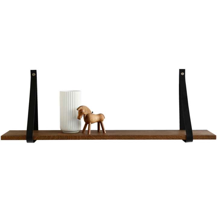Priser på NocNoi Harre Vig væghylde - røget egetræ m. sort læderstrop, 50-100 75x20 cm