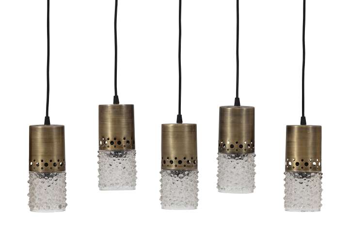 Priser på WOOOD Collection loftlampe, m. 5 skærme - klar glas og antik messing metal (H:140)
