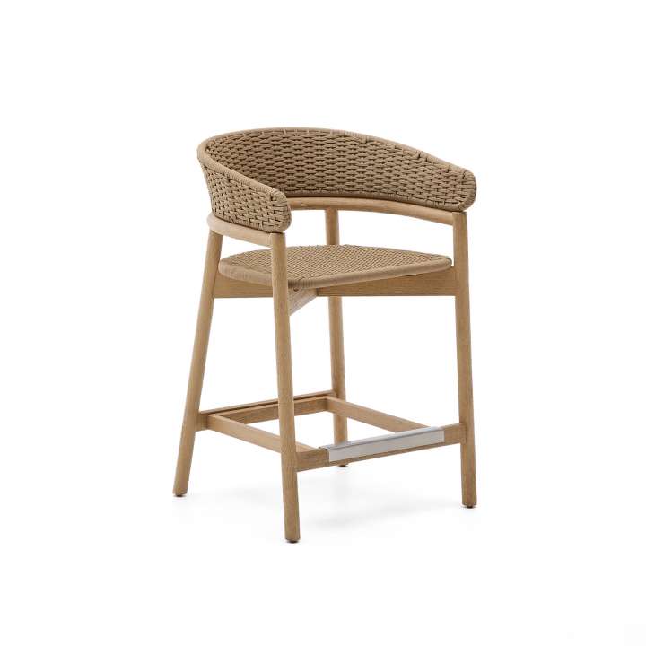 Priser på KAVE HOME Arinella udendørs barstol, m. ryglæn, armlæn - natur akacietræ/beige tovsnor (65cm)
