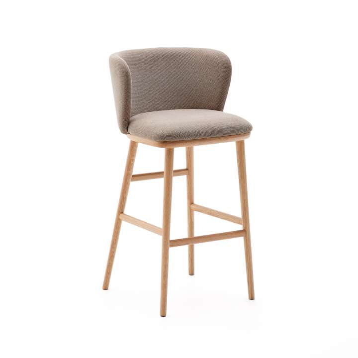 Priser på KAVE HOME Ciselia barstol, m. ryglæn og fodstøtte - brun chenille og natur asketræ (H:75cm)