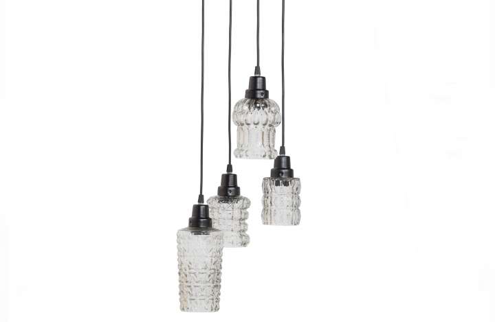 Priser på WOOOD Multiple loftlampe, med 4 glas skærme - klar glas og sort metal