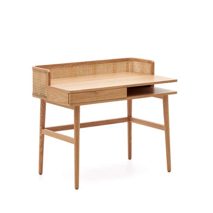 Priser på KAVE HOME Araxi skrivebord, m. 1 rum og 1 skuffe - brun asketræfinér og rattan (105x62)