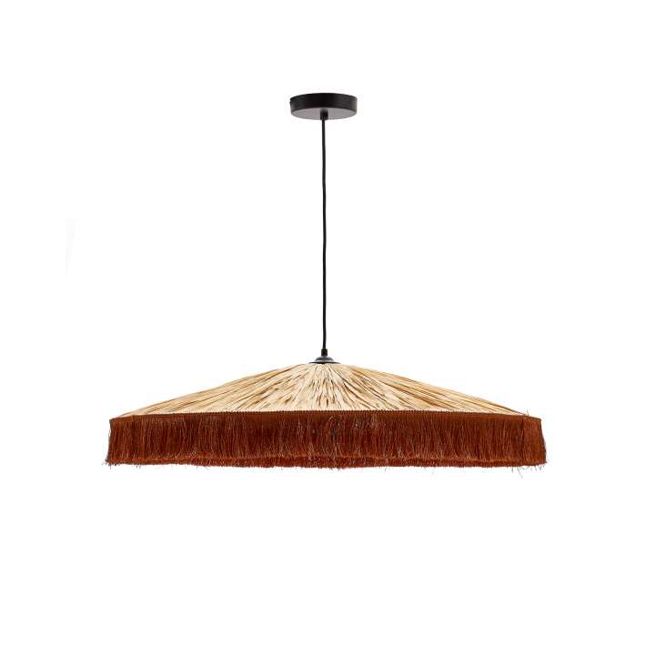 Priser på KAVE HOME Pollensa loftlampe, rund - natur polyrattan/rattan og terracottafrynser (Ø75)