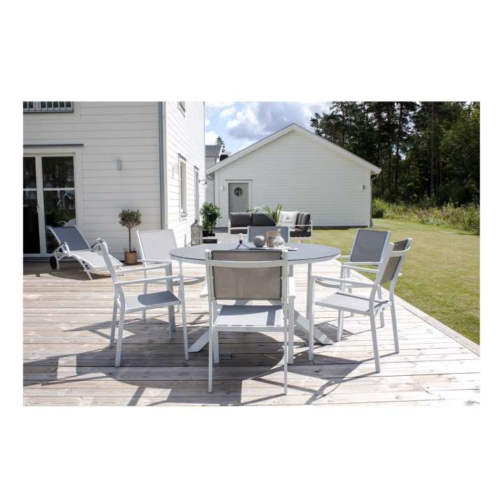 Priser på VENTURE DESIGN rund Copacabana havebord - grå glas og hvid aluminium (Ø140)