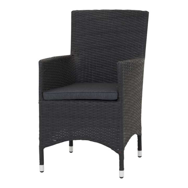 Priser på VENTURE DESIGN Malin havestol m. armlæn og grå stofhynde - sort rattan og aluminium