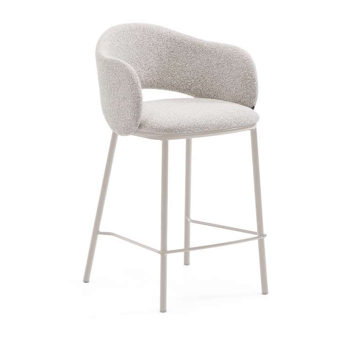 Priser på KAVE HOME Maina barstol, m. ryglæn armlæn, fodstøtte - tyk beige chenille og beige stål (65cm)