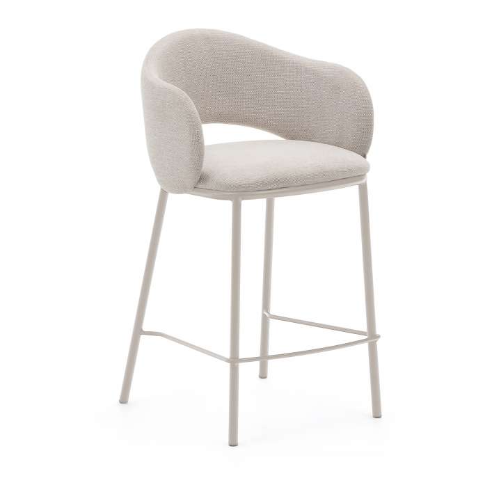 Priser på KAVE HOME Maina barstol, m. ryglæn armlæn, fodstøtte - beige chenille og beige stål (65cm)